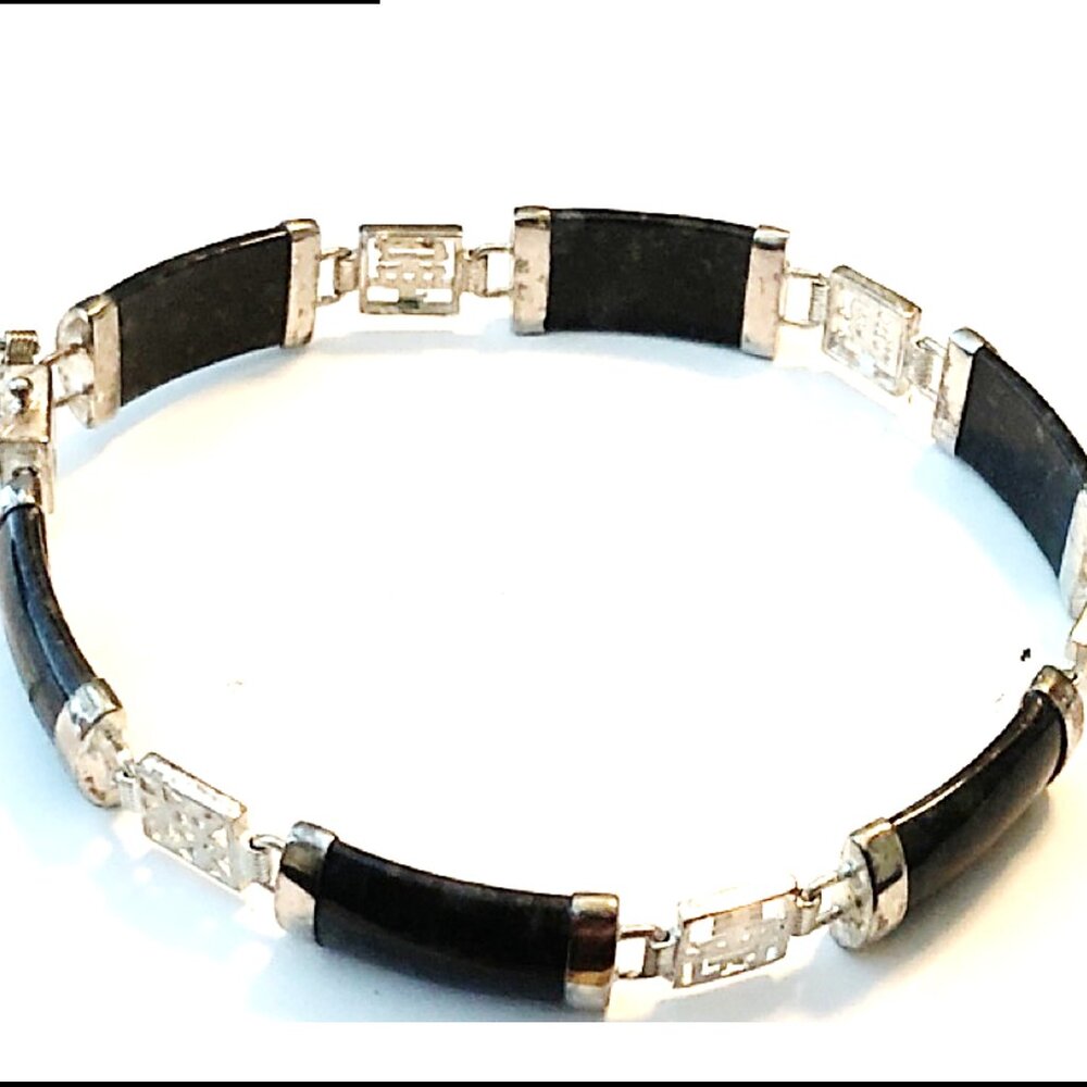 Black Jade and 925 Sterling Silver Bracelet, Asian Characters, Chinese - Picture 4 of 15